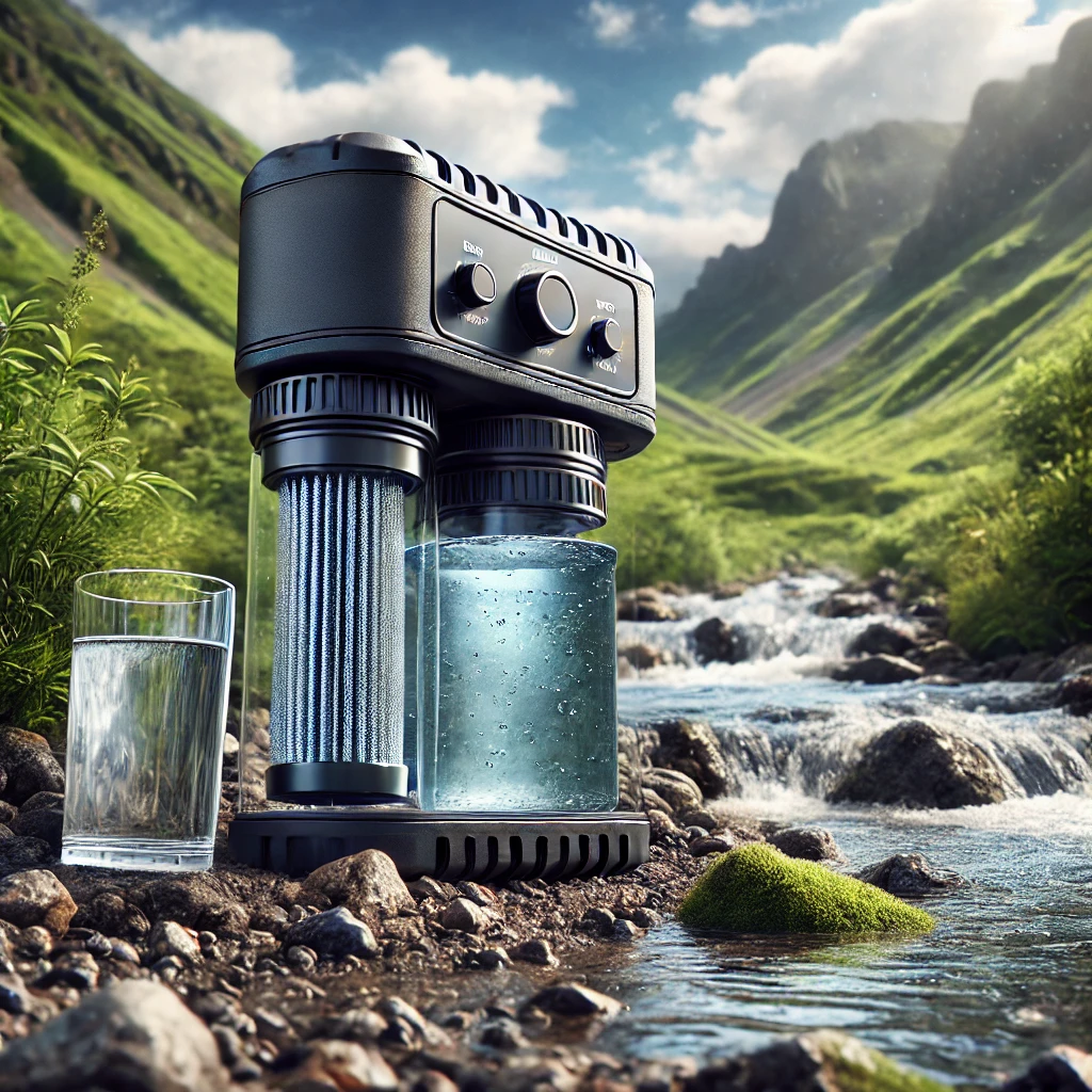 A highly detailed and visually appealing image of a portable water filter in a natural outdoor setting. The scene showcases a sleek, compact water fil