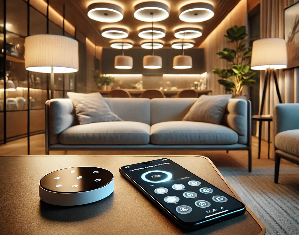smart LED lights embedded in the ceiling and floor lamps